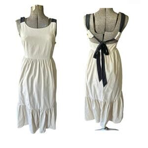 100% Cotton Cream Midi Dress Sm Tie Back Sleeveless Cottagecore Minimalist Chic